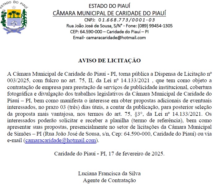 Aviso de Licitação - Dispensa 003-2025
